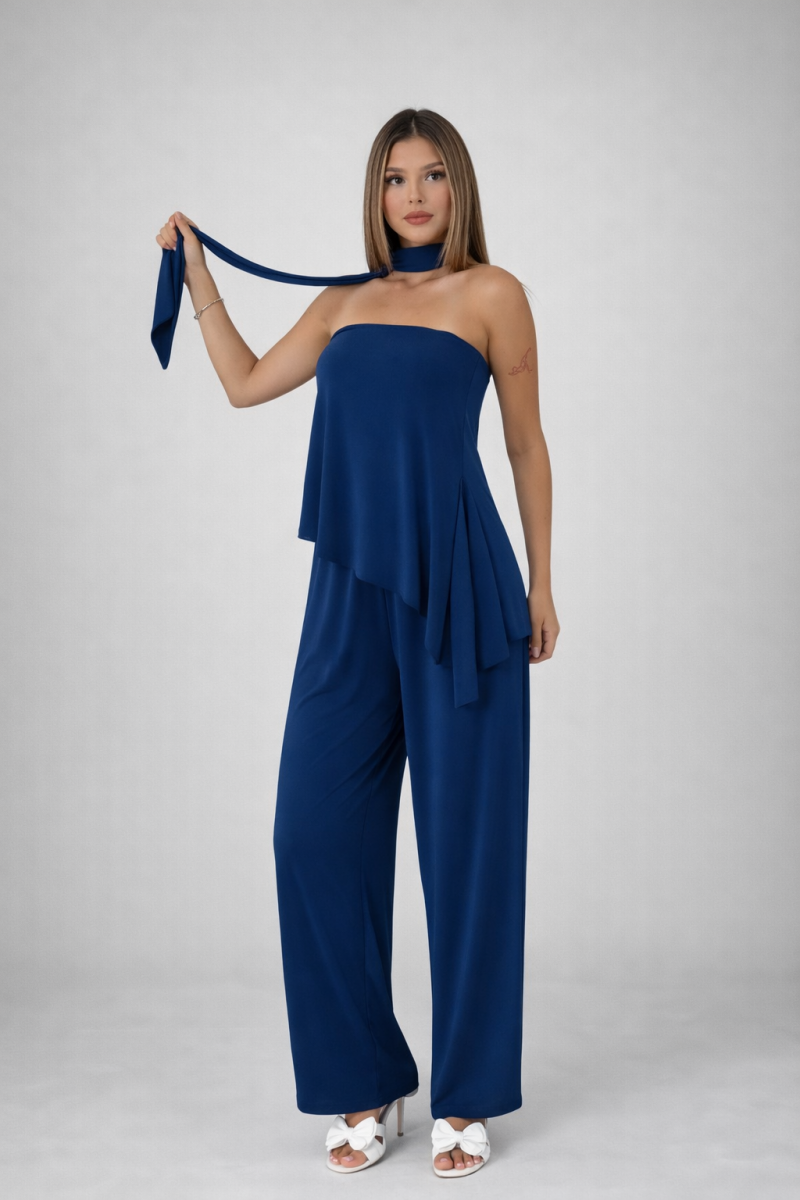 Asimetrik Yaka, Askılı, Şifon Detaylı Mavi Elbise / Tulum&hellip;