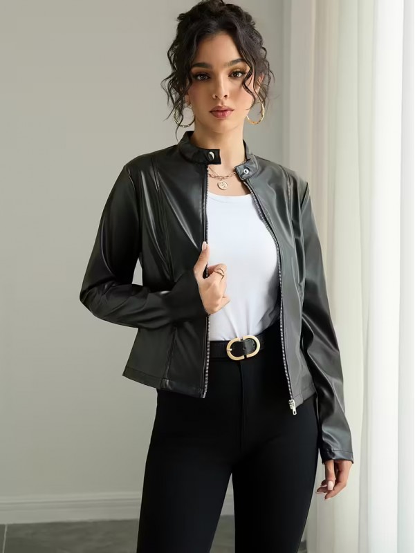 Deri Ceket - Tam Fermuarlı Uzun Kollu Motosiklet Montu, Dik Yaka… Deri Ceket - Tam Fermuarlı Uzun Kollu Motosiklet Montu, Dik Yaka…