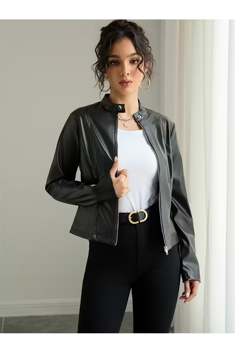 Deri Ceket - Tam Fermuarlı Uzun Kollu Motosiklet Montu, Dik Yaka&hellip;