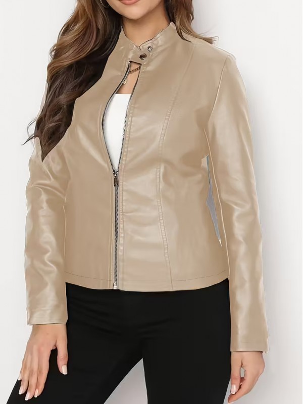 Deri Ceket - Haki Tam Fermuarlı Uzun Kollu Motosiklet Montu… Deri Ceket - Haki Tam Fermuarlı Uzun Kollu Motosiklet Montu…