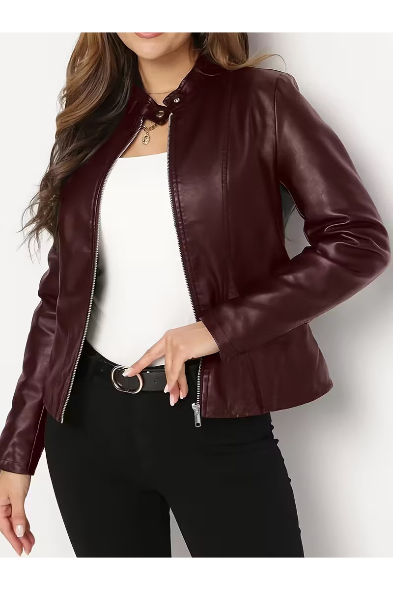 Deri Ceket - Kırmızı Tam Fermuarlı Uzun Kollu Motosiklet Montu&hellip;